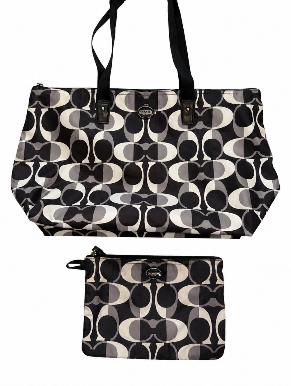 Coach Black, White & Gray Poppy Gpam Signature Tote w/ Matching Pouch EUC